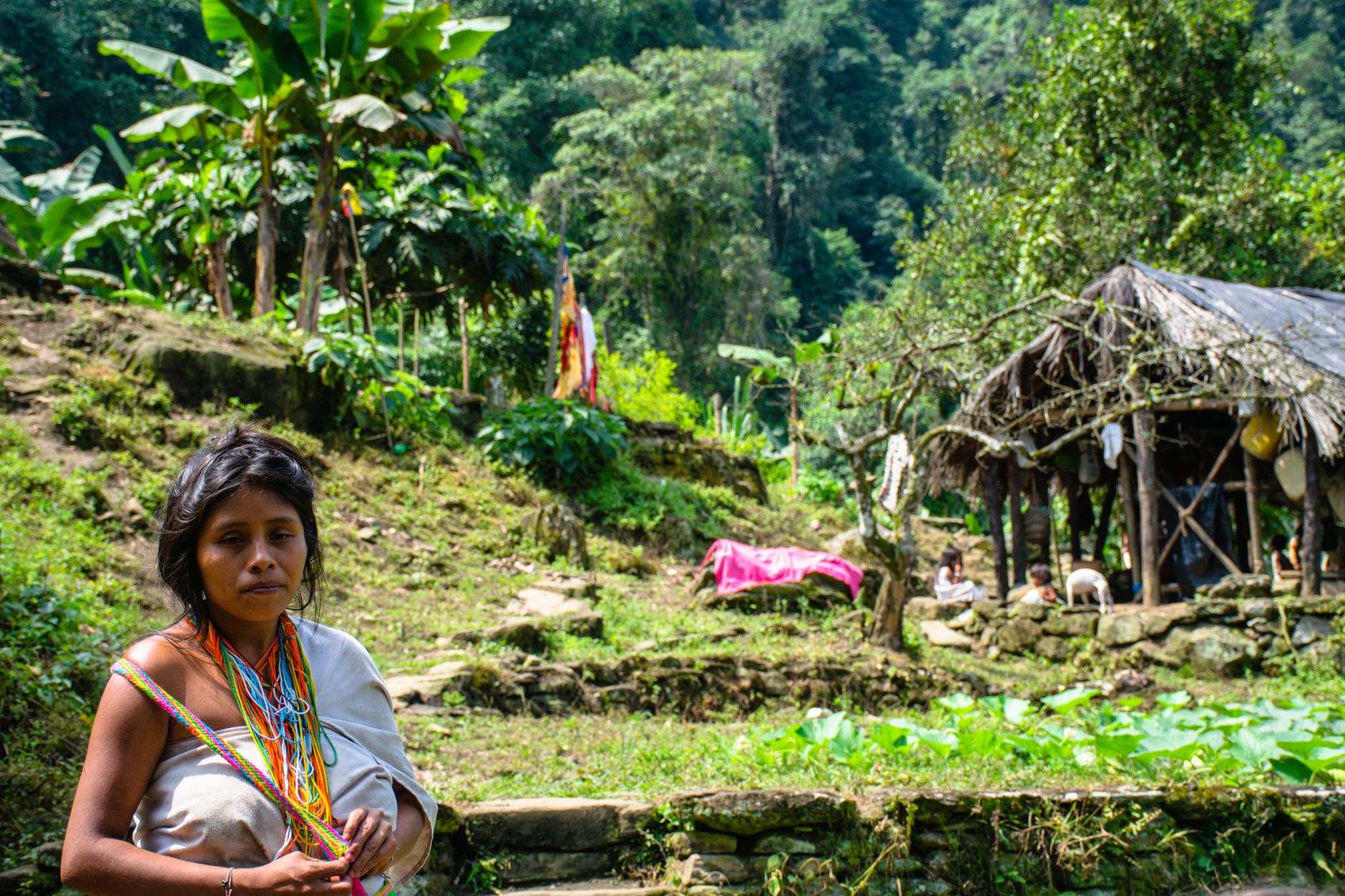 Indigenous woman in a vibrant Colombian jungle village, showcasing traditional living.